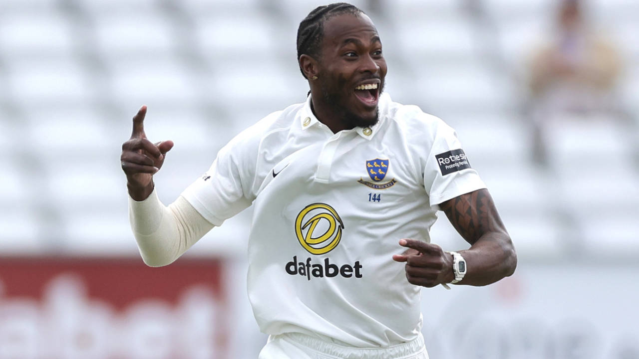 Jofra Archer celebrates a wicket on his comeback, Durham vs Sussex, County Championship, Chester-le-Street, June 23, 2025