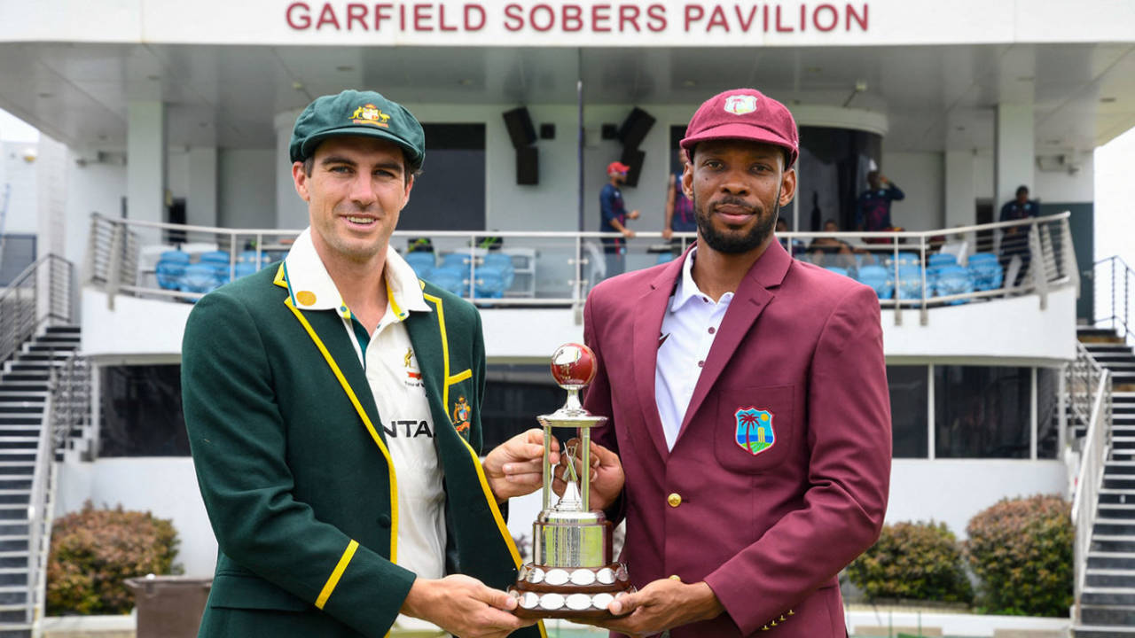 Pat Cummins and Roston Chase with the Frank Worrell Trophy, West Indies vs Australia, 1st Test, Barbados, June 24, 2025