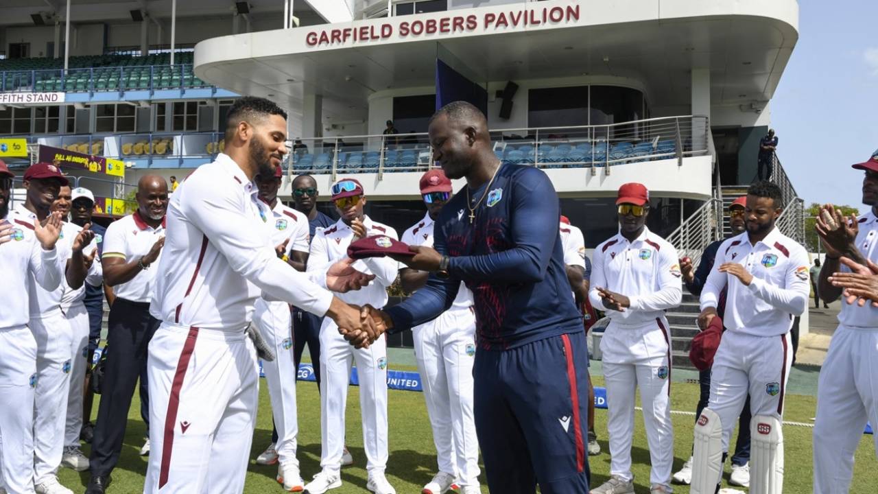 Brandon King receives his Test cap from Daren Sammy, West Indies vs Australia, 1st Test, day 1, Barbados, June 25, 2025