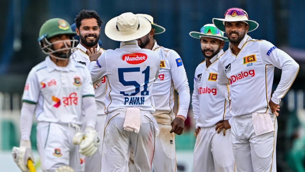 Dhananjaya de Silva is all smiles after getting rid of Mominul Haque, Sri Lanka vs Bangladesh, 2nd Test, Colombo, 3rd day, June 27, 2025