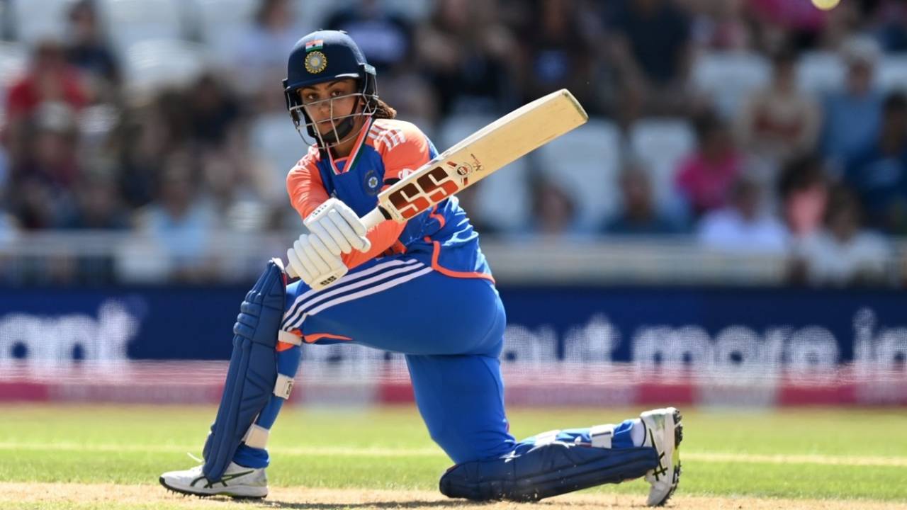 Harleen Deol swept Linsey Smith for three fours in an over, England vs India, 1st Women's T20I, Nottingham, June 28, 2025
