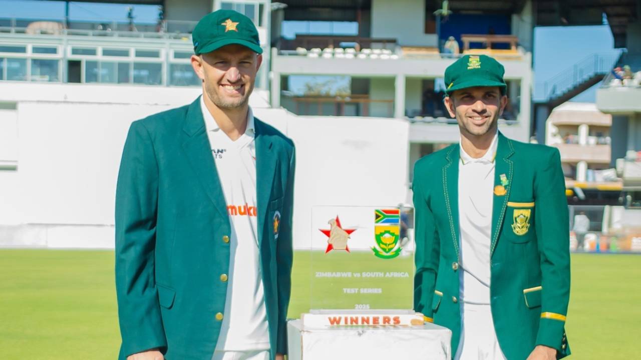 Captains Craig Ervine and Keshav Maharaj pose with the series trophy, Zimbabwe vs South Africa, 1st Test, day 1, Bulawayo, June 28, 2025