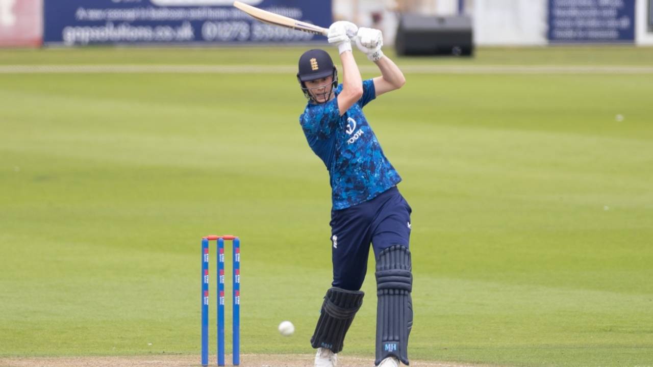 Rocky Flintoff hits down the ground, England U-19 vs India U-19, 1st Youth ODI, Hove, June 27, 2025