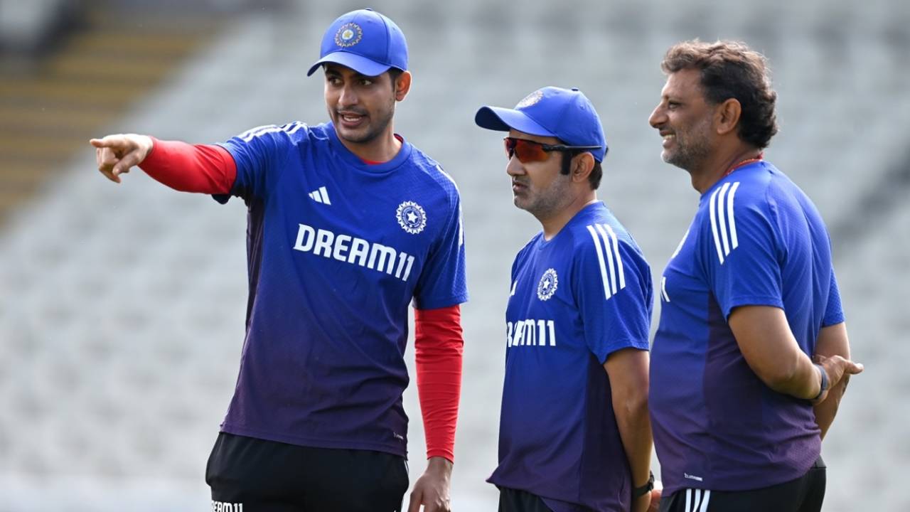 Shubman Gill has a chat with head coach Gautam Gambhir and batting coach Sitanshu Kotak, Birmingham, June 30, 2025