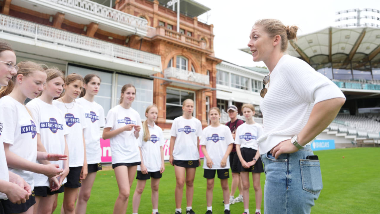 Heather Knight chats to schoolchildren at the launch of the Knight-Stokes Cup, June 26, 2025