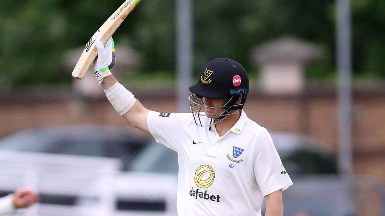 Daniel Hughes raises his bat on reaching fifty, Durham vs Sussex, County Championship, Chester-le-Street, June 22, 2025