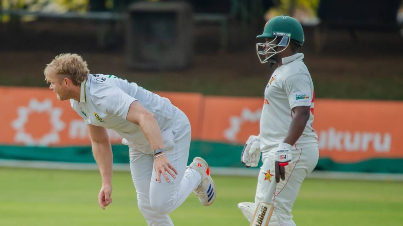Corbin Bosch, who picked up two early wickets, has a bowl, Zimbabwe vs South Africa, 1st Test, Bulawayo, 4th day, July 1, 2025