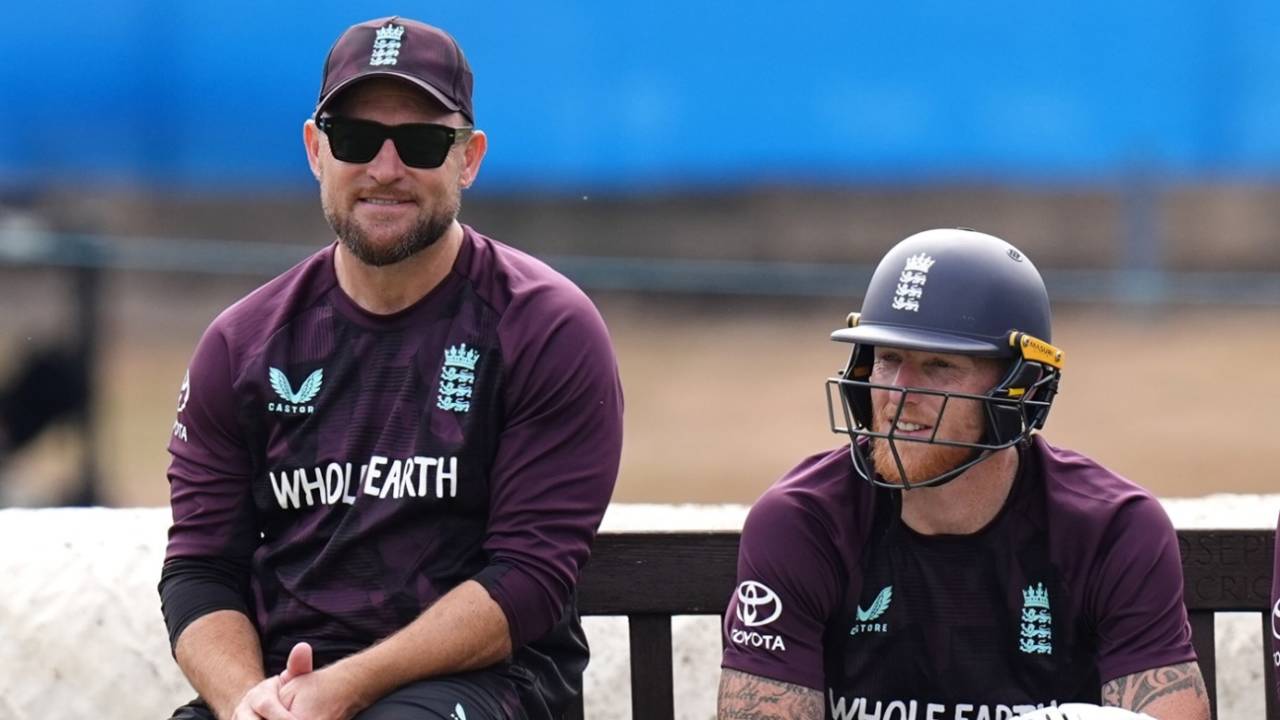 Brendon McCullum and Ben Stokes share a light moment, England vs India, 2nd Test, Birmingham, July 1, 2025