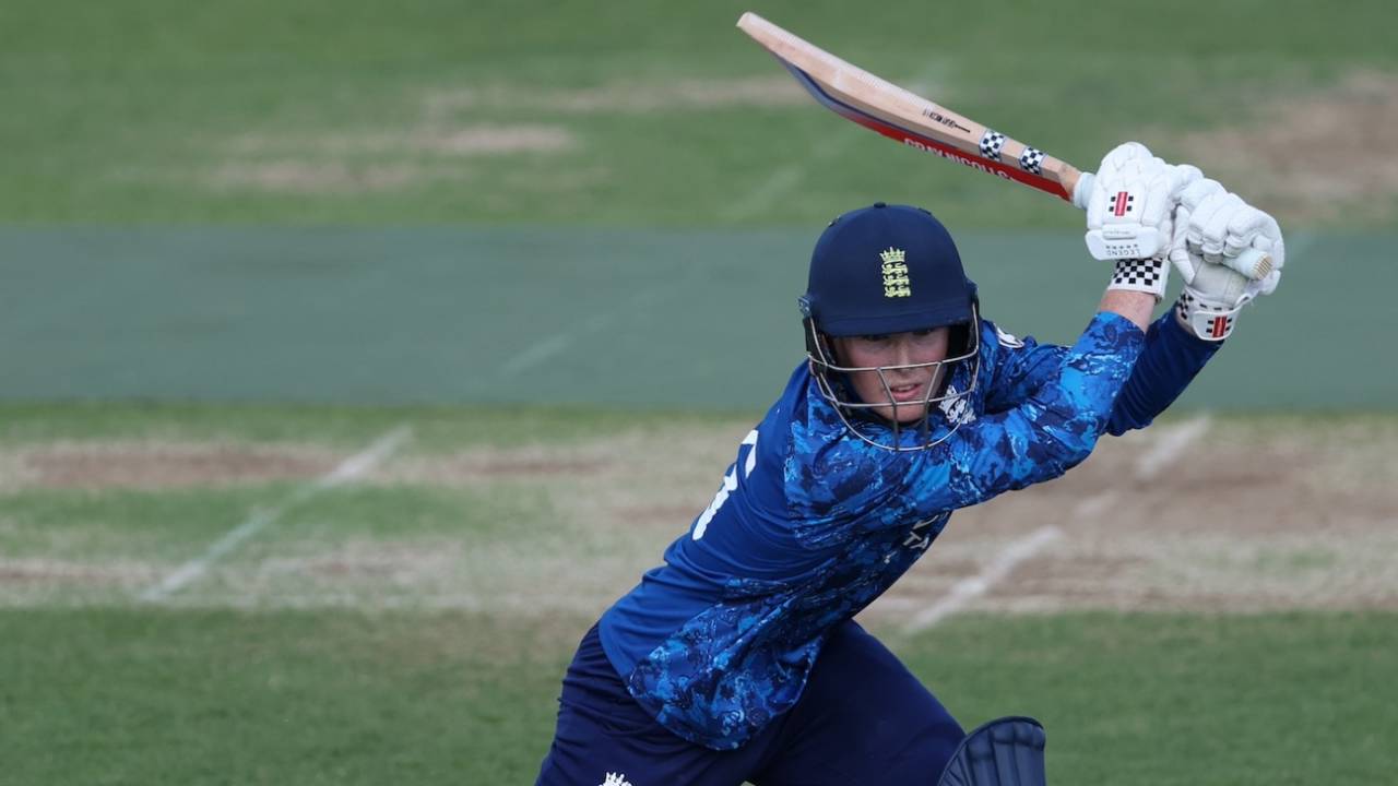 Thomas Rew drives through the off side, England U19s vs India U19s, 2nd Youth ODI, Northampton, June 30, 2025