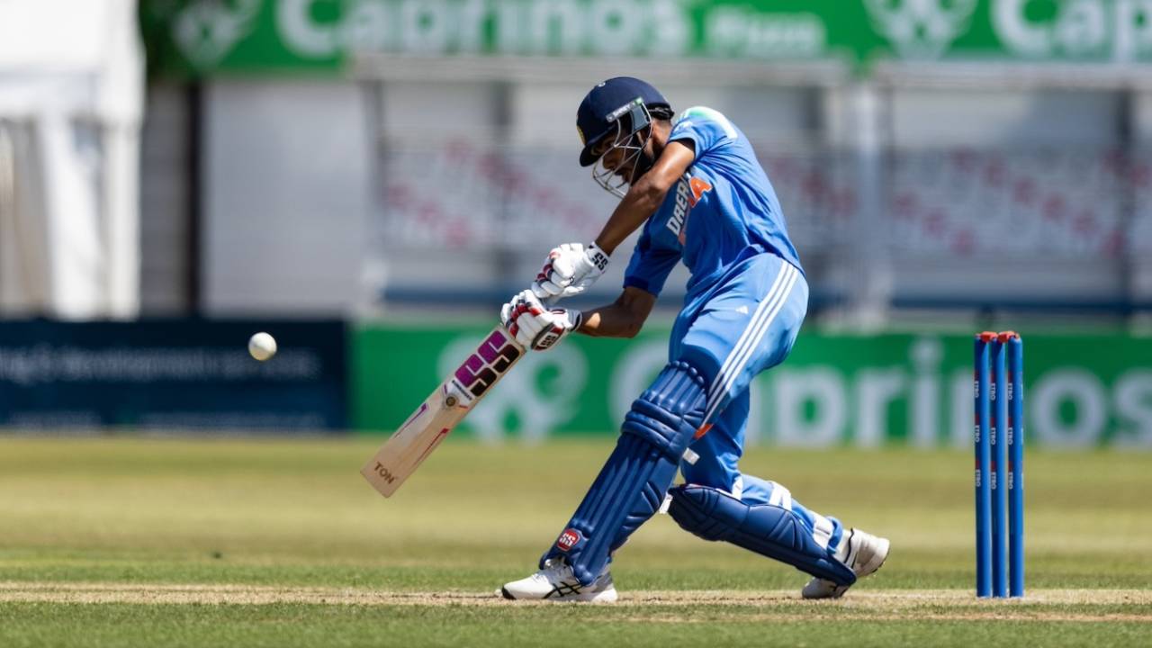 Kanishk Chouhan plays down the ground, England U19s vs India U19s, 2nd Youth ODI, Northampton, June 30, 2025