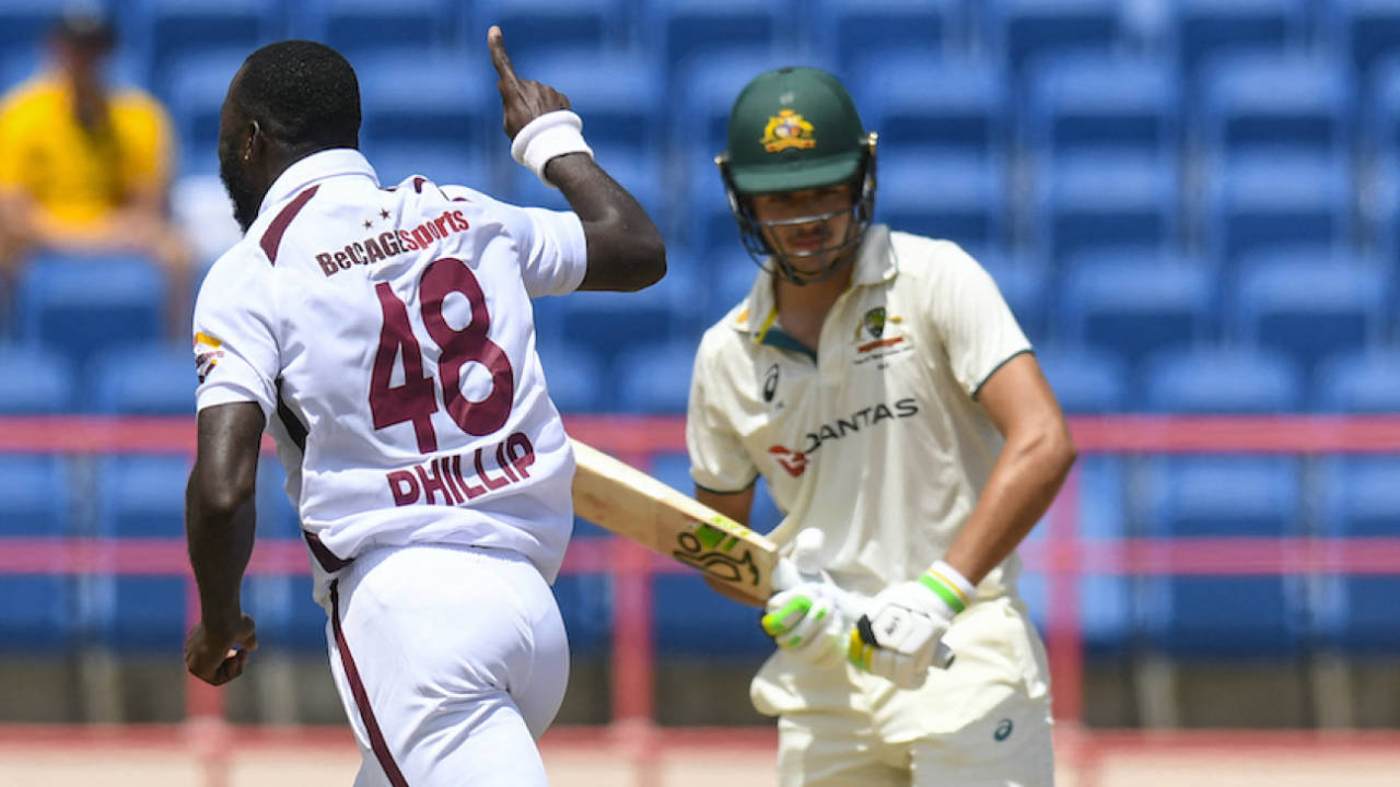 Anderson Phillip took three balls to dismiss Sam Konstas, West Indies vs Australia, 2nd Test, St George's, 1st day, July 3, 2025