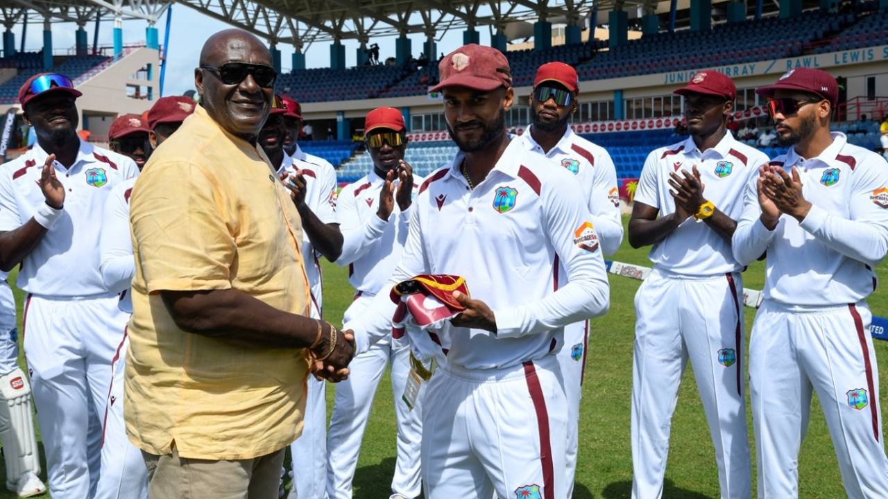 Kraigg Brathwaite receives a special cap for his 100th Test from Roddy Estwick, West Indies vs Australia, 2nd Test, St George's, 1st day, July 3, 2025