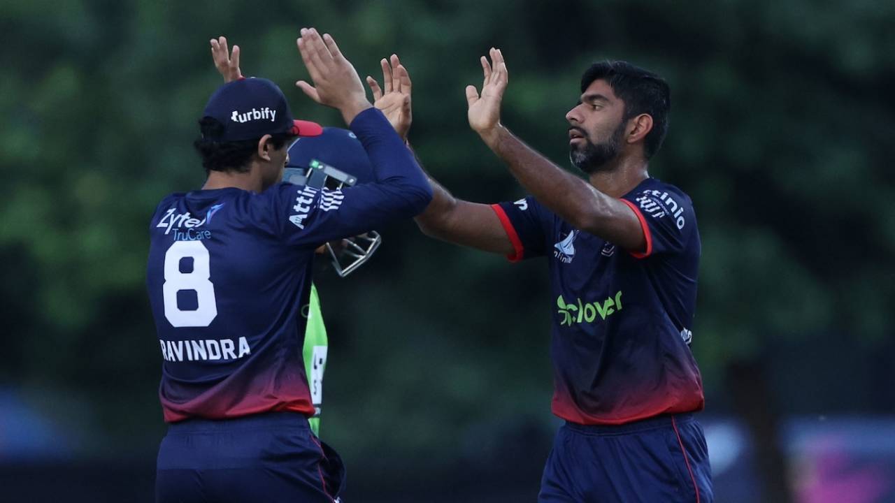 Saurabh Netravalkar struck with the first ball on his way to a three-wicket haul, Seattle Orcas vs Washington Freedom, MLC 2025, Lauderhill, July 4, 2025