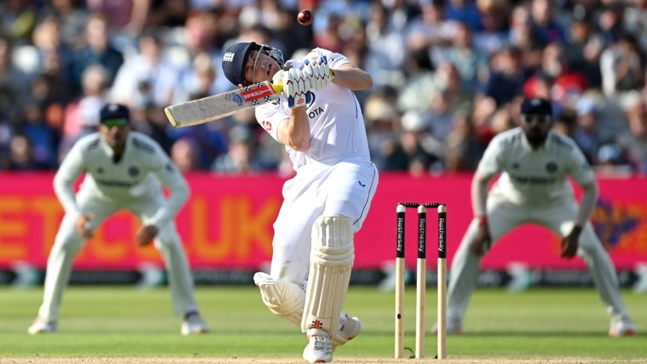 Harry Brook ducks under a short one, England vs India, 2nd Test, Birmingham, 4th day, July 5, 2025