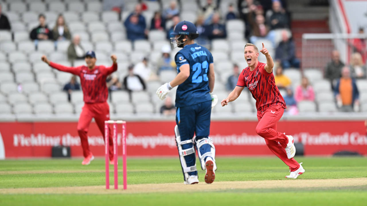 Luke Wood celebrates the wicket of Caleb Jewell with the first ball of the Derbyshire innings, Vitality Blast Men, Lancashire vs Derbyshire, July 5, 2025 
