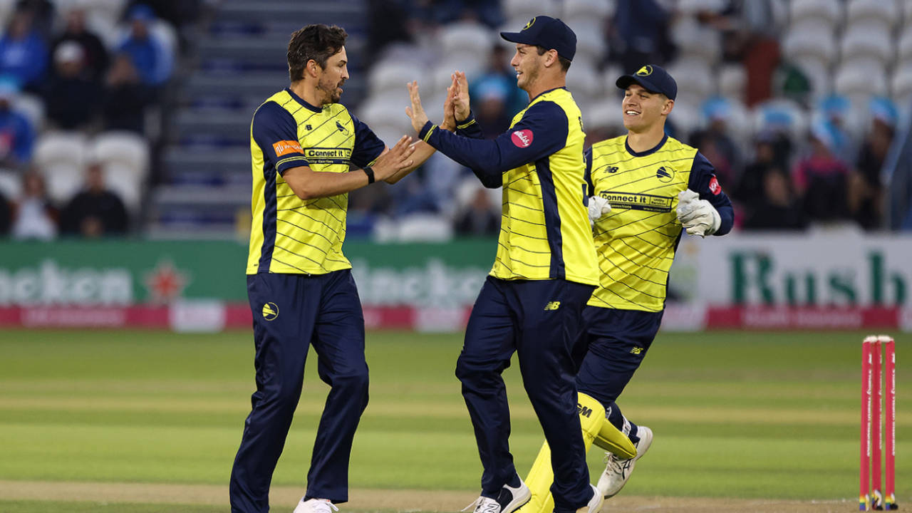 Chris Wood of Hampshire Hawks celebrates after taking the wicket of Harrison Ward of Sussex Sharks, Vitality Blast Men, Sussex Sharks vs Hampshire Hawks, Hove, July 05, 2025