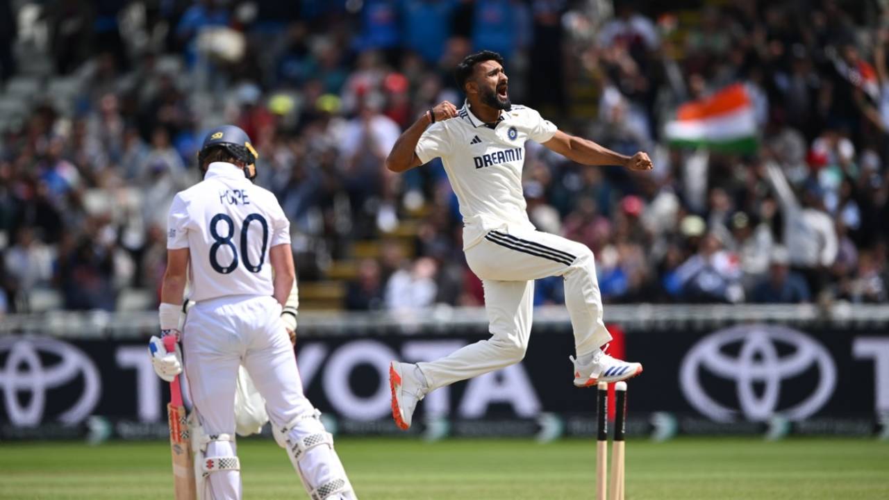 Ollie Pope looks back to see his stumps disturbed as Akash Deep celebrates, England vs India, 2nd Test, 5th day, Birmingham, July 6, 2025