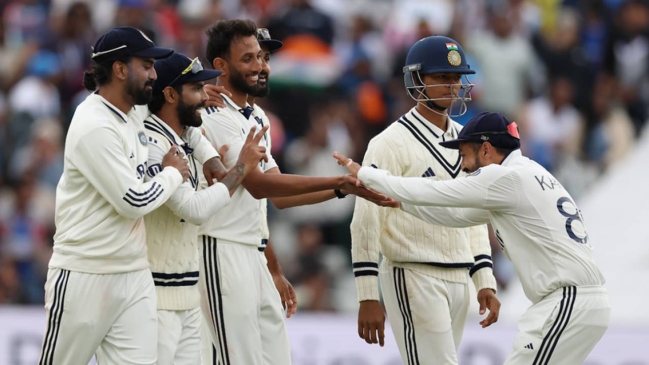 Prasidh Krishna celebrates a wicket on the final day, England vs India, 2nd Test, Edgbaston, 5th day, July 6, 2025