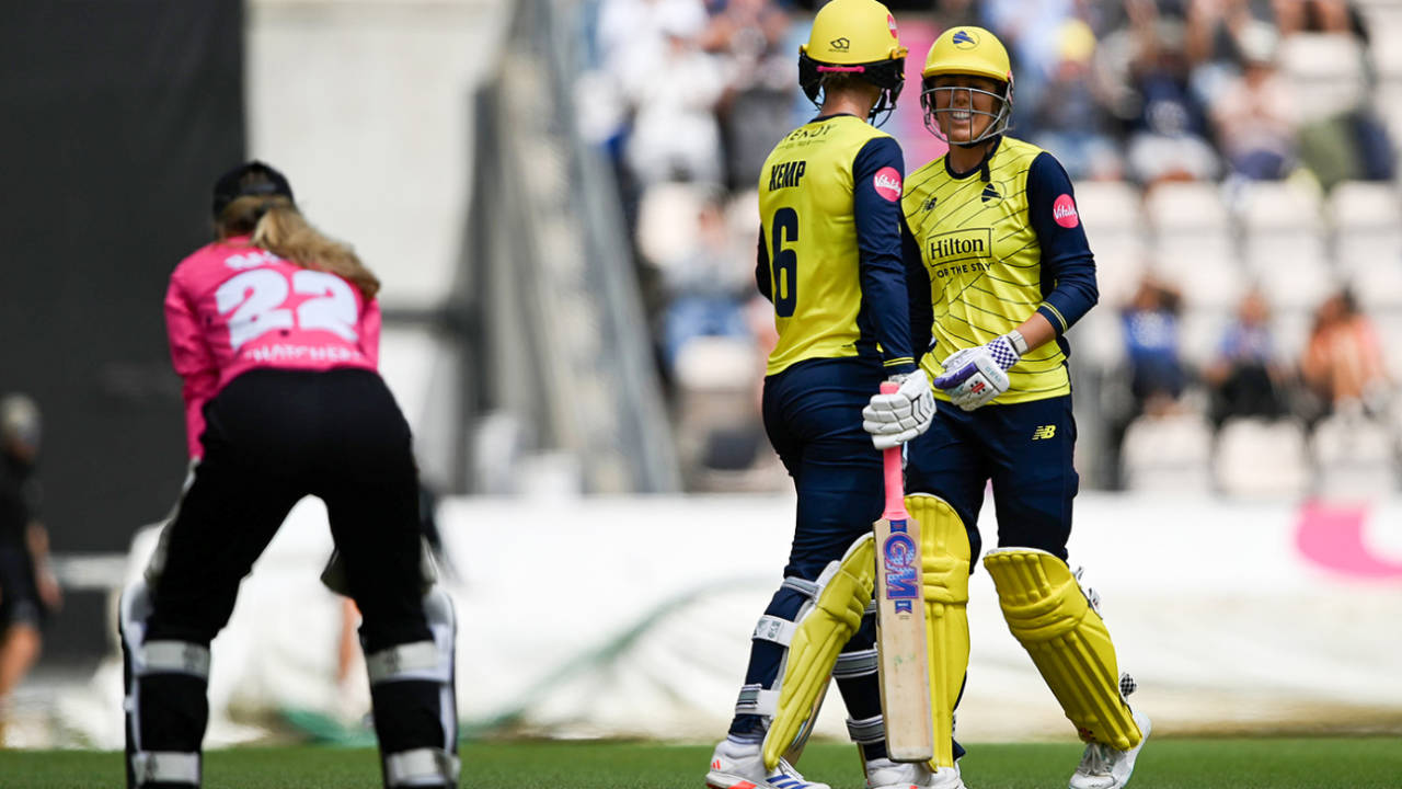 Freya Kemp and Georgia Adams celebrate their last-over victory, Hampshire vs Somerset, Women's T20 Blast, Utilita Bowl, July 6, 2025