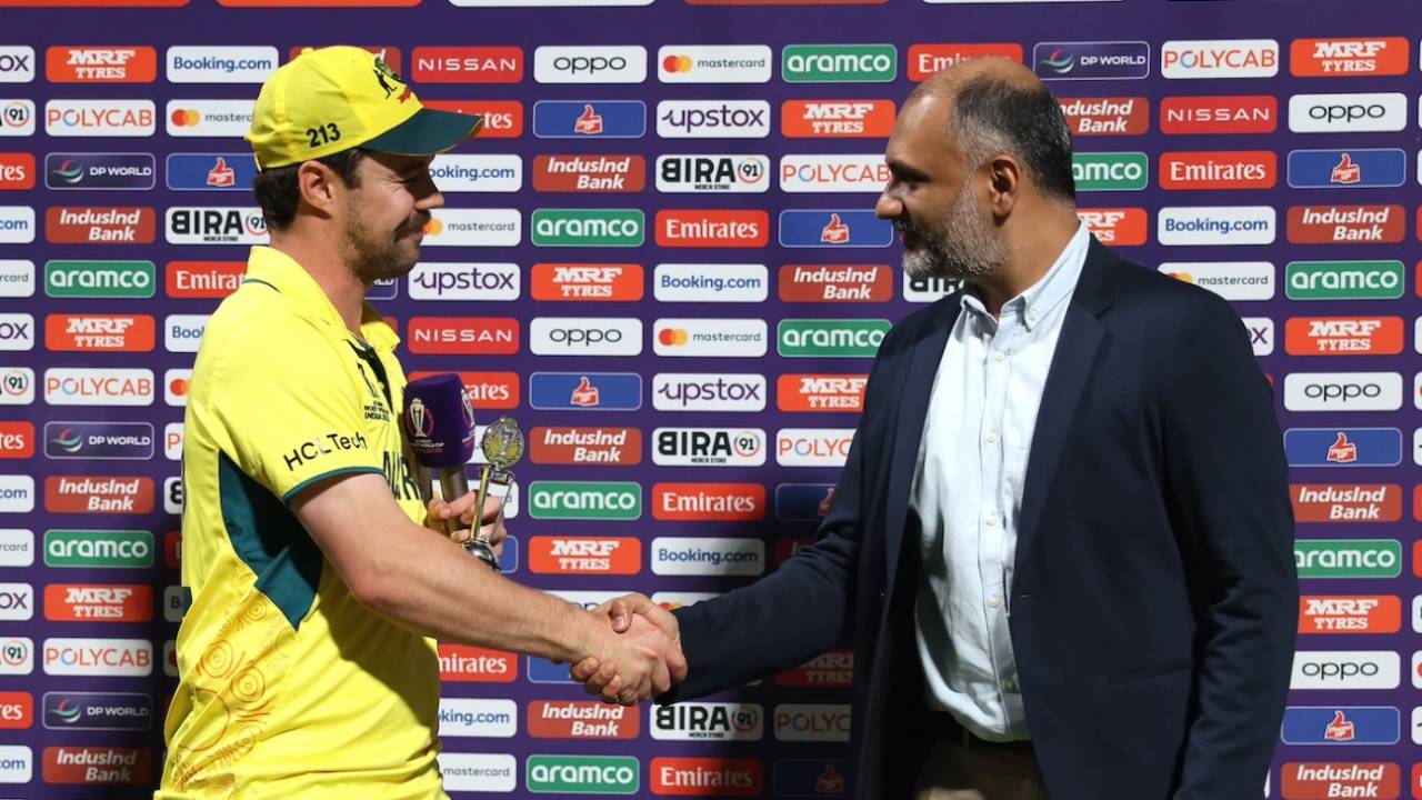 Travis Head is presented the Player-of-the-Match trophy by Sanjog Gupta, Australia vs South Africa, World Cup semi-final, Kolkata, November 16, 2023