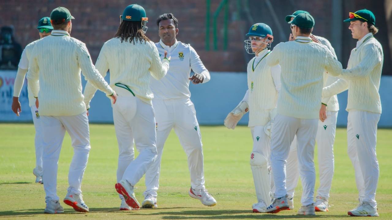 Senuran Muthusamy struck in his first over on day three, Zimbabwe vs South Africa, 2nd Test, 3rd day, Bulawayo, July 8, 2025