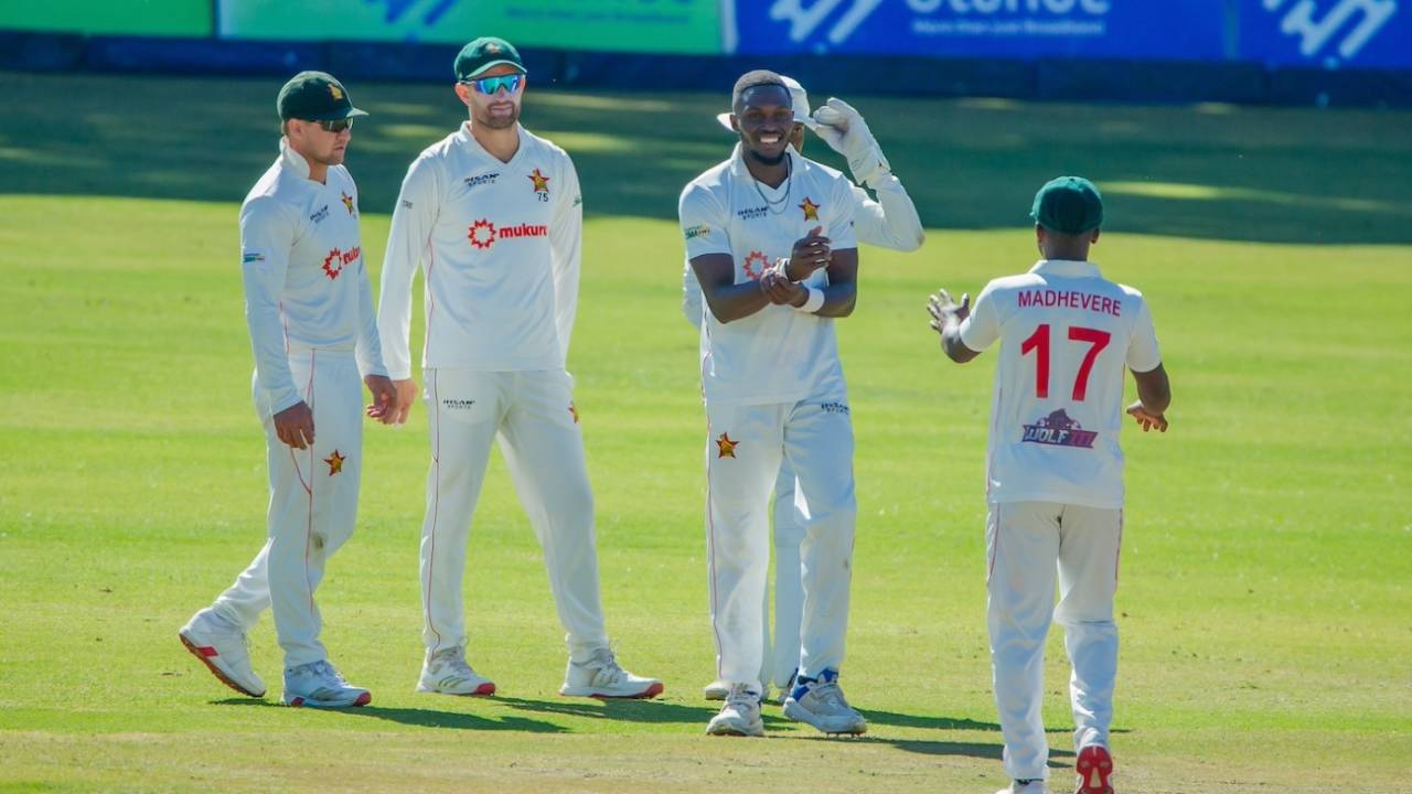 Kundai Matigimu celebrates a wicket, Zimbabwe vs South Africa, 2nd Test, Bulawayo, 2nd day, July 7, 2025