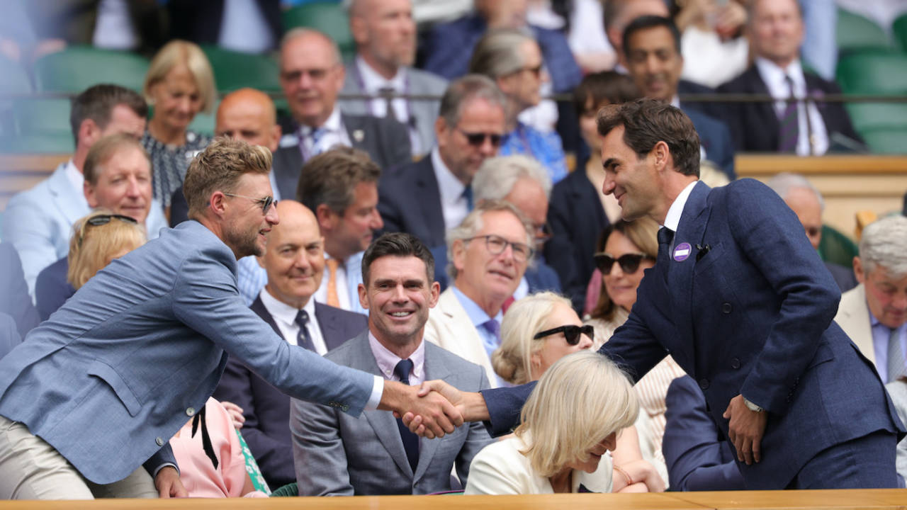 Roger Federer stops by to give Joe Root and Jimmy Anderson some love at Wimbledon, July 7, 2025