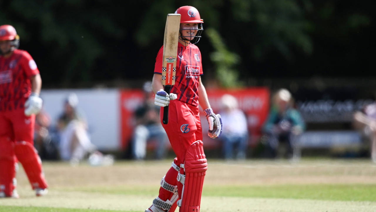 Emma Lamb celebrates her fifty for Lancashire, Women's Vitality Blast, Newbury, July 9, 2025