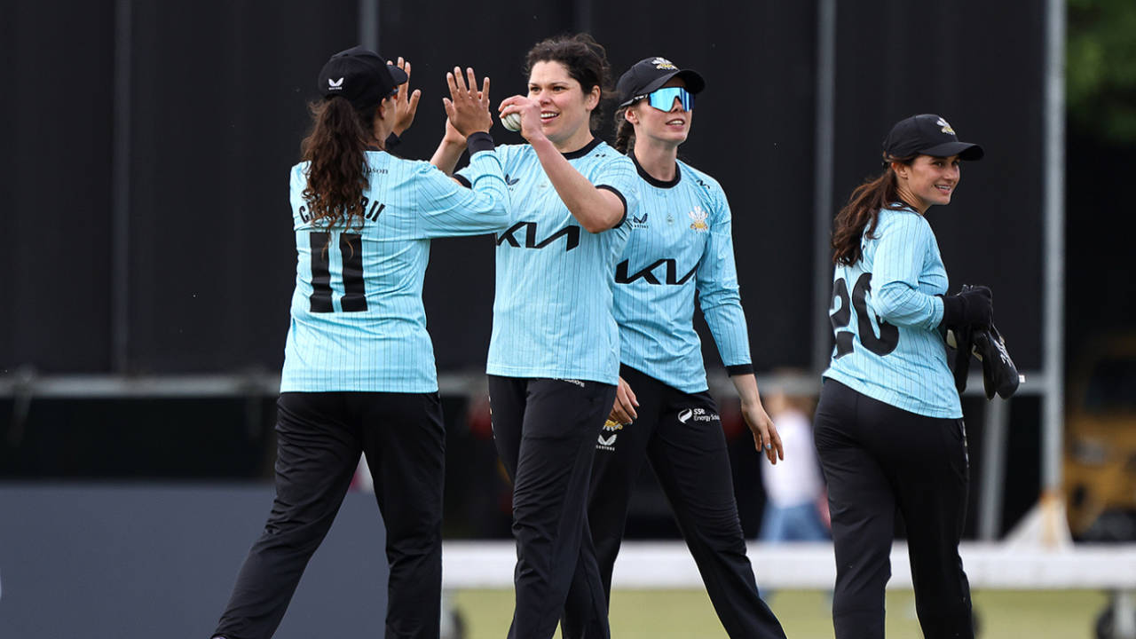 Alice Davidson-Richards celebrates a wicket, Vitality T20 Women's County Cup, Quarter-Final, Surrey Women vs Durham Women, Woodbridge Road, May 23, 2025