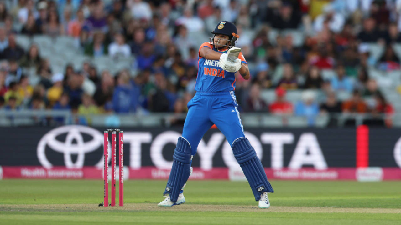 Shafali Verma plays a shot during India's innings, England v India, 4th women's T20I, Old Trafford, July 9, 2025