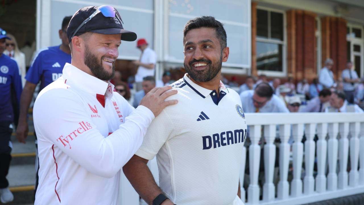 Karun Nair and Ben Duckett share a light moment after tea, England vs India, 3rd Test, Lord's, London, 2nd day, July 11, 2025