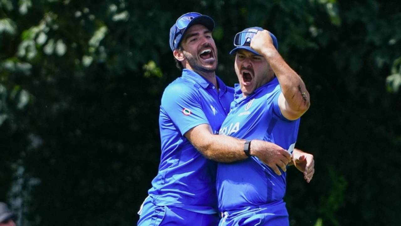 Italy players are jubilant in their game against Scotland that they won by 12 runs, Scotland vs Italy, ICC Men's T20 World Cup Europe Region Final, Hague, July 9, 2025