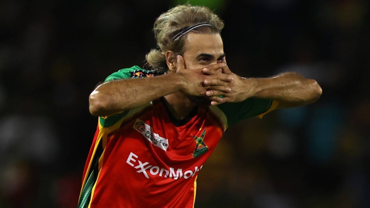 Imran Tahir celebrates getting the wicket of William Clark, Guyana Amazon Warriors vs Central Districts, Providence, GSL, July 11, 2025
