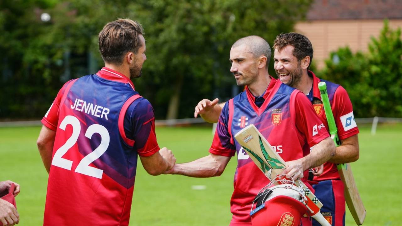 Charles Perchard and Jake Dunford are welcomed back after the win by Jonty Jenner, Jersey vs Scotland, ICC Men's T20 World Cup Europe Region Final, The Hague, July 11, 2025