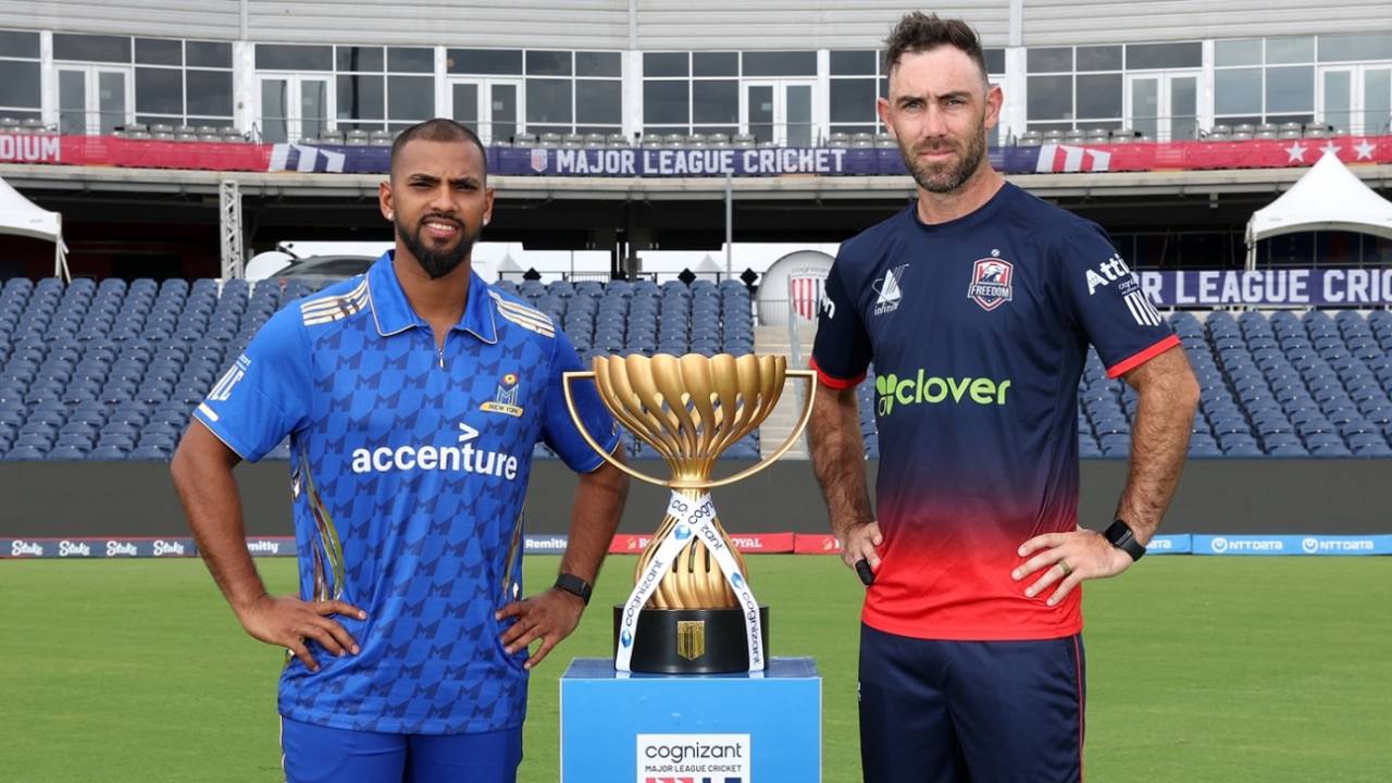 Nicholas Pooran and Glenn Maxwell pose with the MLC trophy, Dallas, July 12, 2025