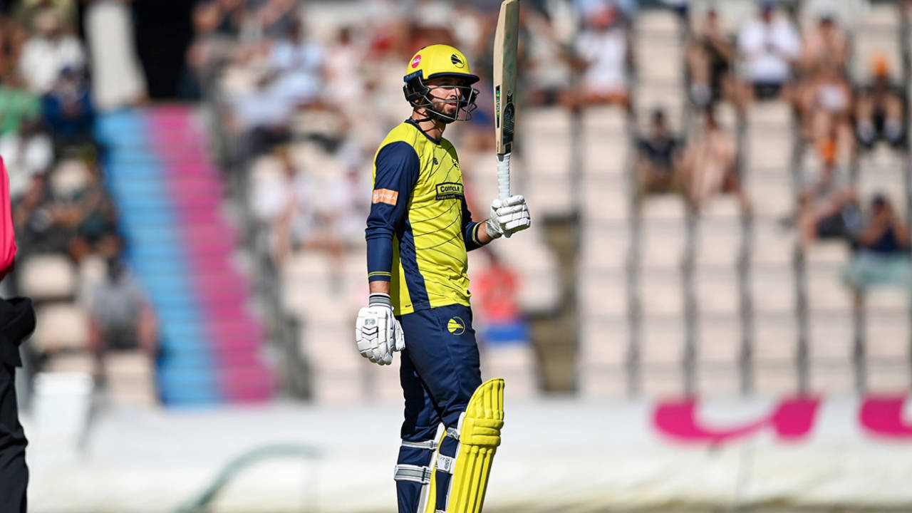 James Vince raises his bat on reaching fifty, Hampshire vs Sussex, Men's T20 Blast, Utilita Bowl, July 13, 2025