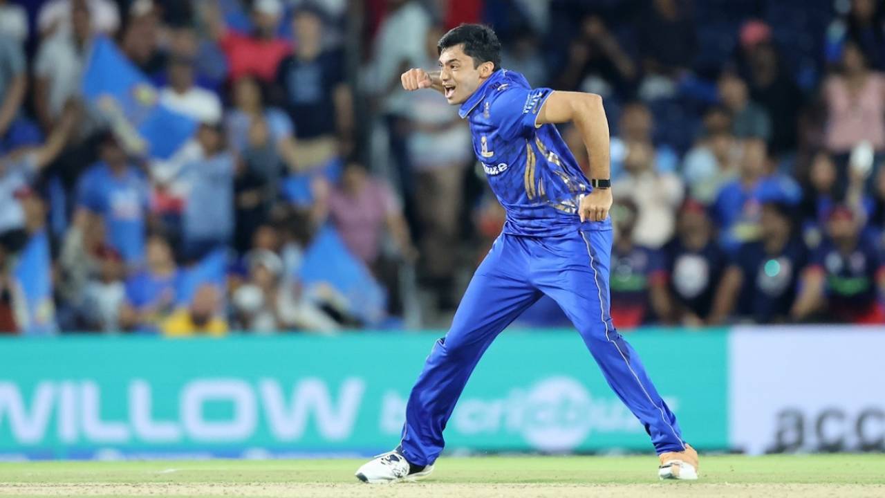 Rushil Ugarkar exults after the final delivery, MI New York vs Washington Freedom, MLC 2025 final, Dallas, July 13, 2025