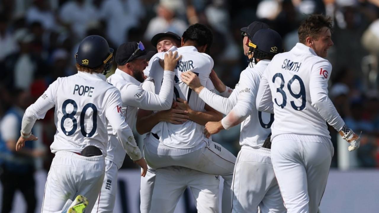 Shoaib Bashir is engulfed by team-mates after he picked up the last wicket, England vs India, 3rd Test, Lord's, fifth day, July 14, 2025