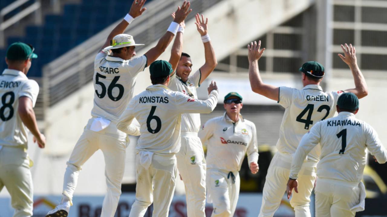 Scott Boland takes the plaudits after sealing his hat-trick, West Indies vs Australia, 3rd Test, Kingston, Day 3, July 14, 2025