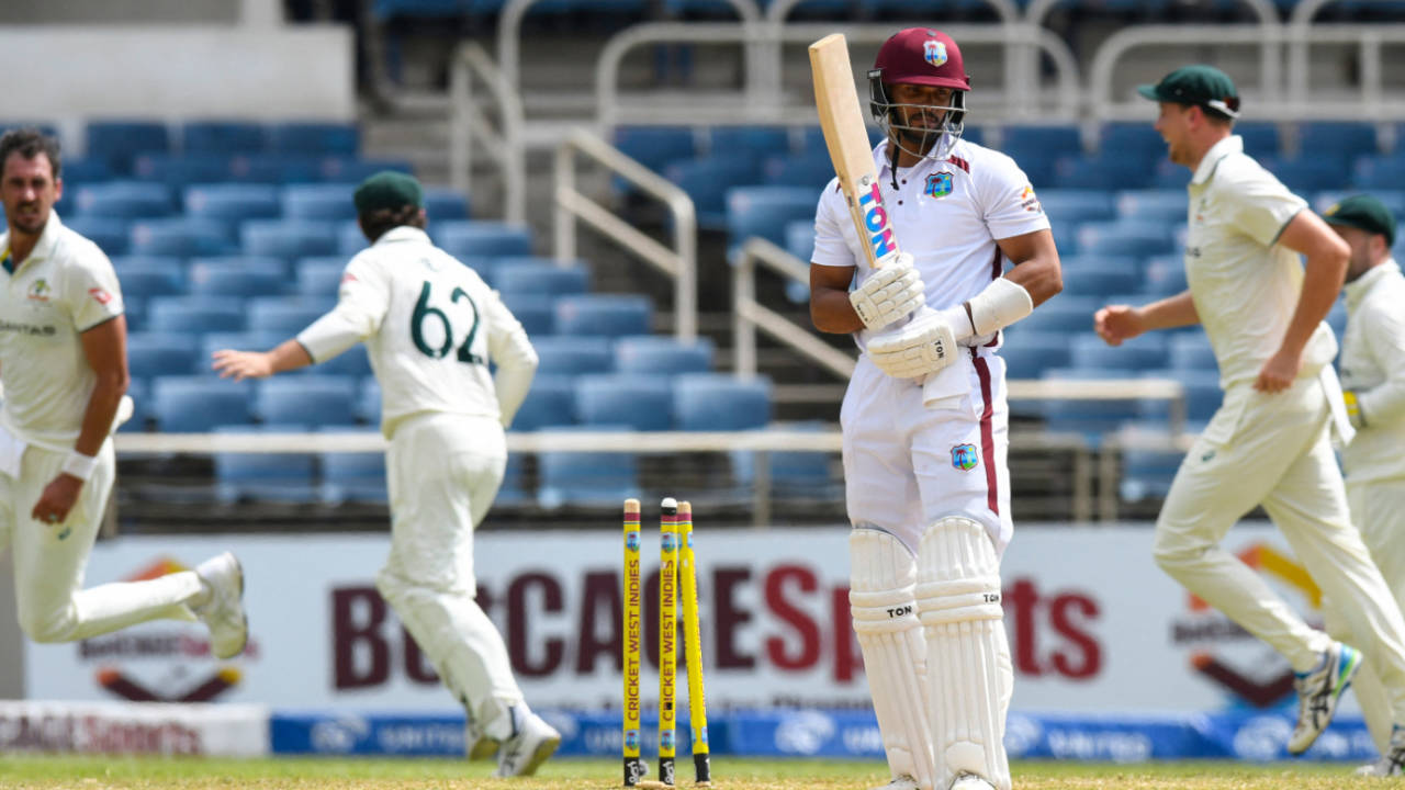 Brandon King surveys the wreckage after becoming the third dismissal in Mitchell Starc's opening over, West Indies vs Australia, 3rd Test, Kingston, Day 3, July 14, 2025