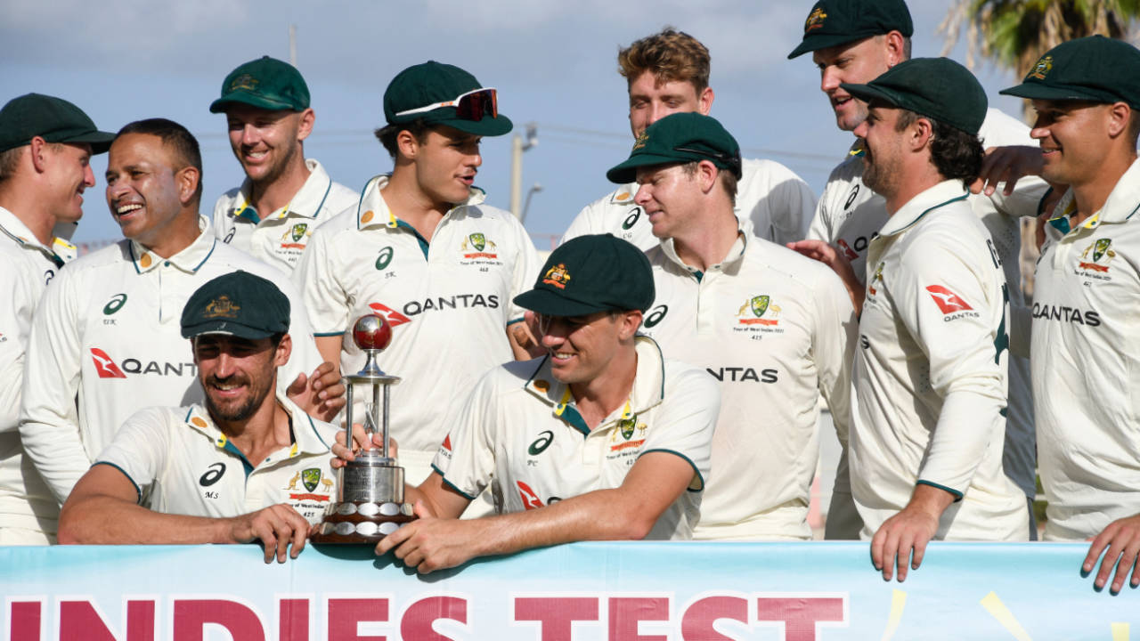 Mitchell Starc and Pat Cummins lead the trophy celebrations, West Indies vs Australia, 3rd Test, Kingston, Day 3, July 14, 2025