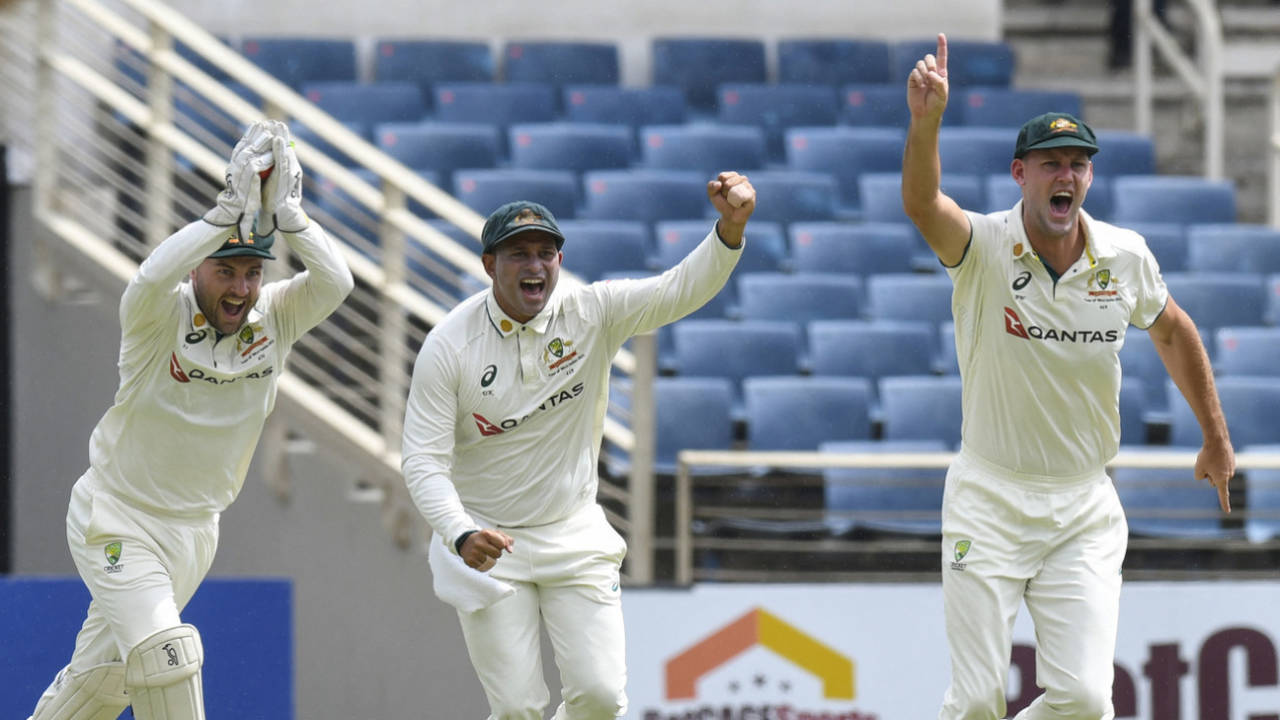 Josh Inglis, Usman Khawaja and Beau Webster celebrate a dismissal, West Indies vs Australia, 3rd Test, Kingston, Day 3, July 14, 2025