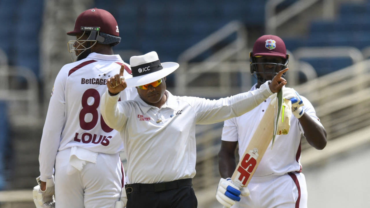 Nitin Menon signals for a review by Kevlon Anderson, West Indies vs Australia, 3rd Test, Kingston, Day 3, July 14, 2025