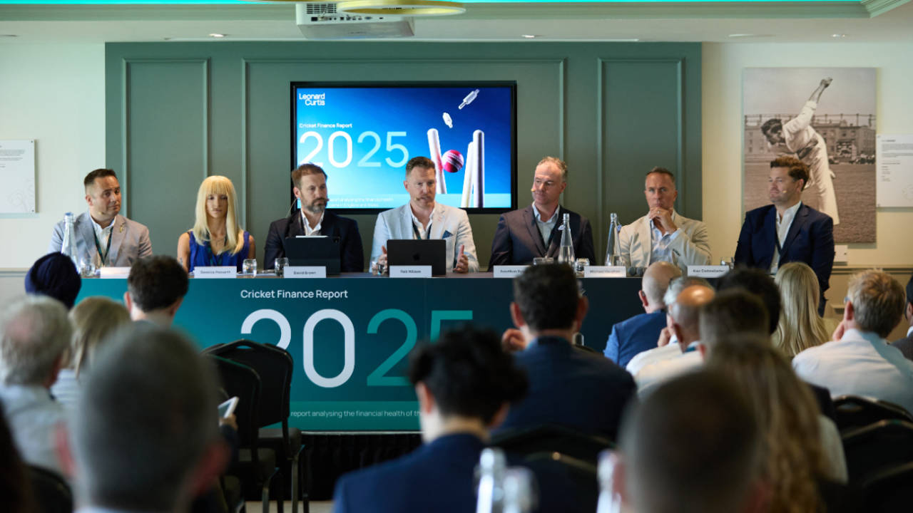 The authors of Leonard Curtis Cricket Finance Report, including Professor Rob Wilson (centre) and Michael Vaughan (second from right), July 15, 2025