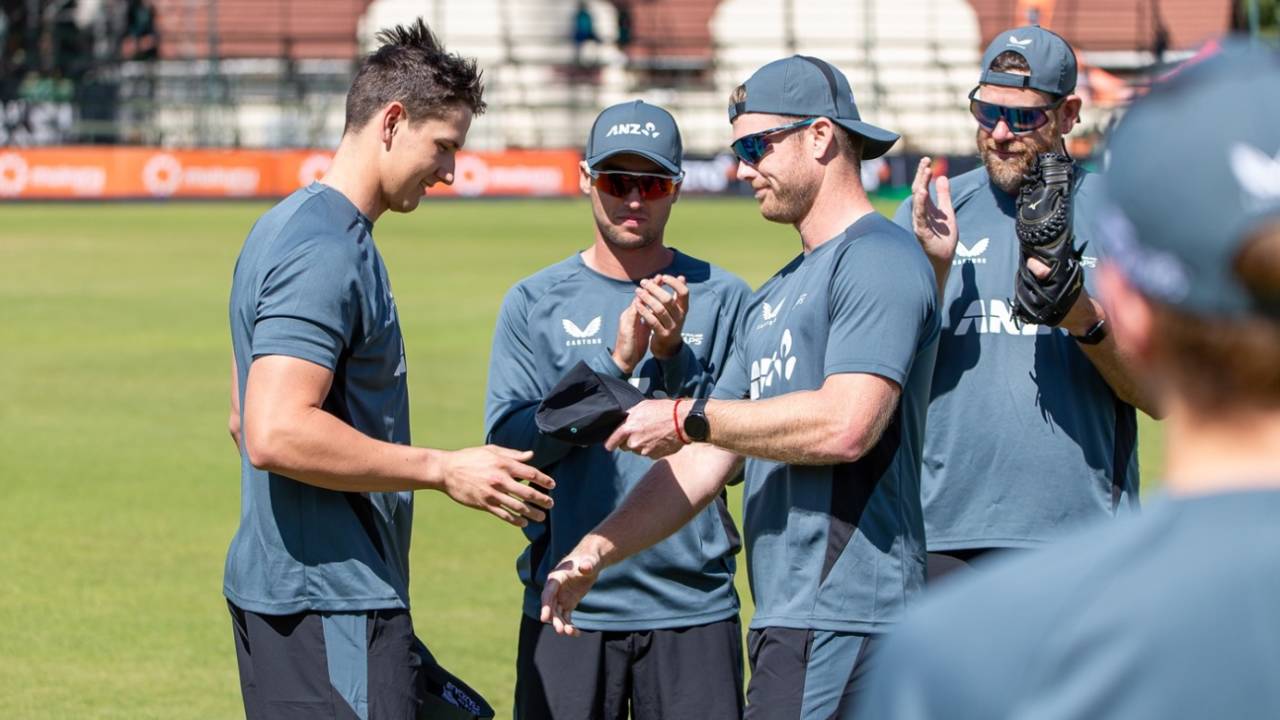 Bevon Jacobs receives his maiden international cap from his Auckland team-mate Jimmy Neesham, New Zealand vs South Africa, Harare, July 16, 2025