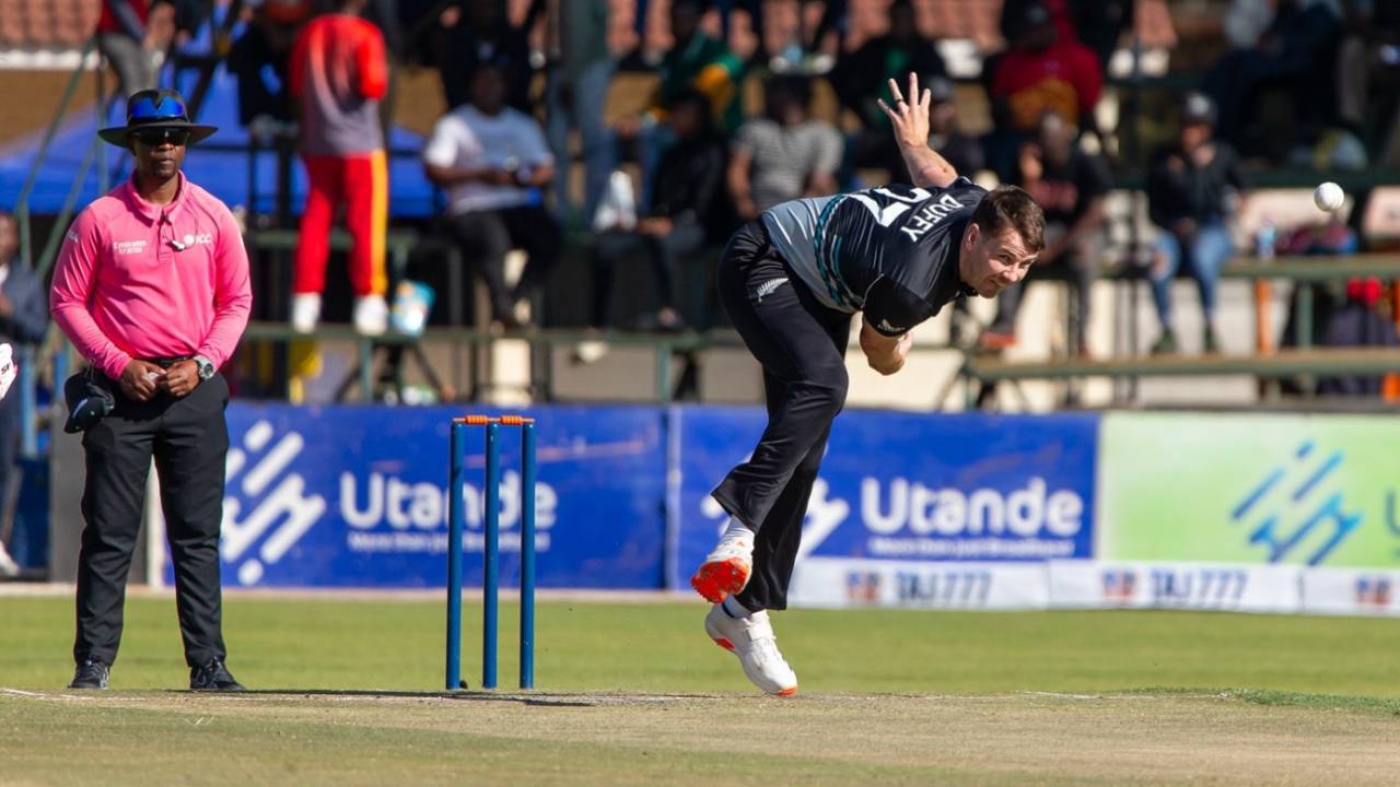 Jacob Duffy bends his back, New Zealand vs South Africa, Harare, July 16, 2025