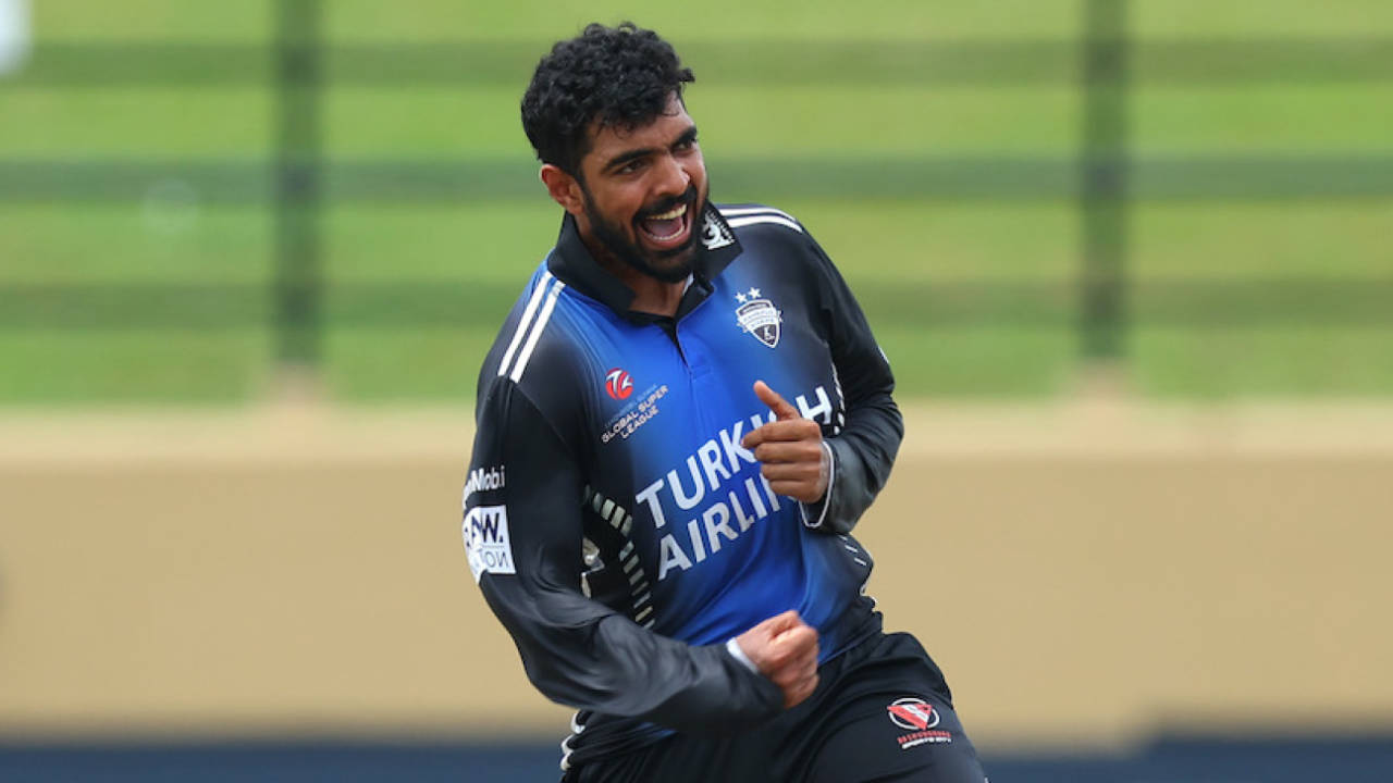 Saif Hassan took a match-winning 3 for 20, Dubai Capitals vs Rangpur Riders, GSL, Guyana, July 16, 2025