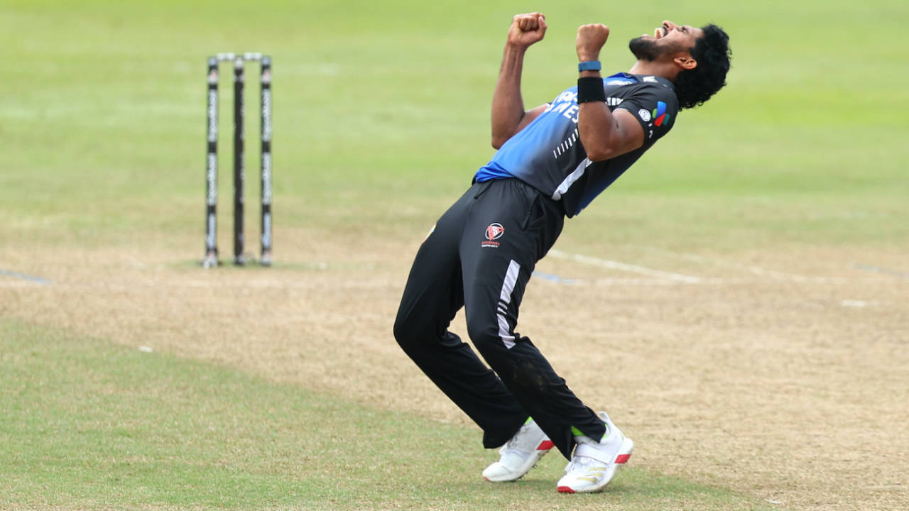 Khaled Ahmed celebrates after closing out the game, Dubai Capitals vs Rangpur Riders, GSL, Guyana, July 16, 2025