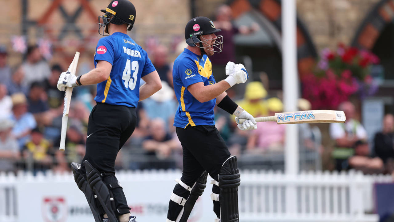 Danny Lamb celebrates after hitting the winning runs, Gloucestershire vs Sussex, Men's T20 Blast, Cheltenham, July 17, 2025