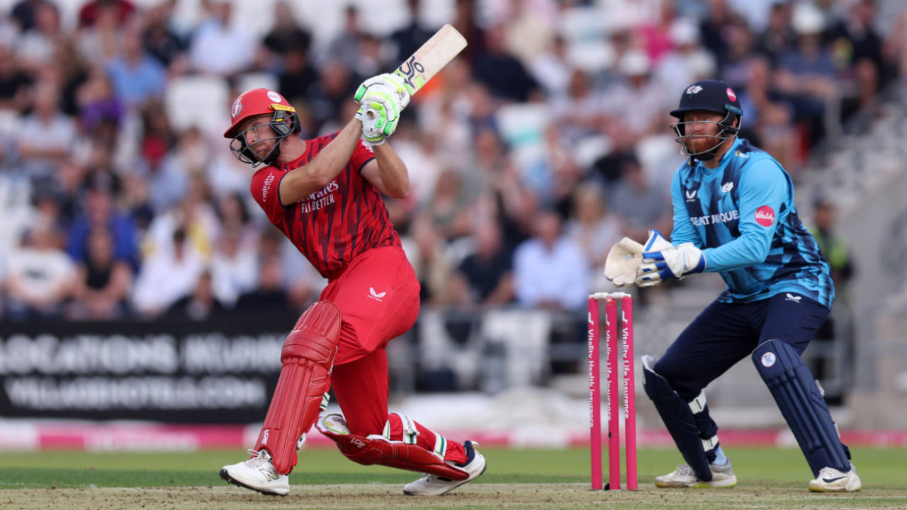 Jos Buttler thumps another boundary as Jonny Bairstow looks on, Yorkshire vs Lancashire, Men's Vitality Blast, Headingley, July 17, 2025